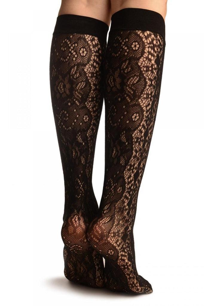 Liss Kiss Black Large Roses Lace Socks Knee High - Socks
