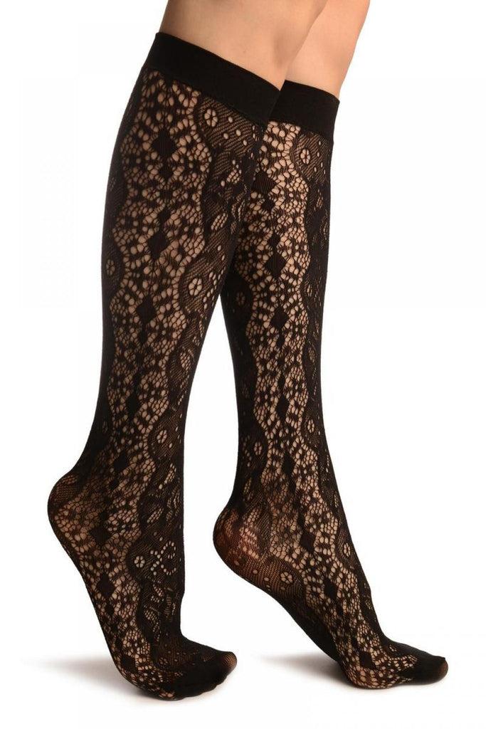 liss kiss Black Large Roses Lace Socks Knee High - Socks