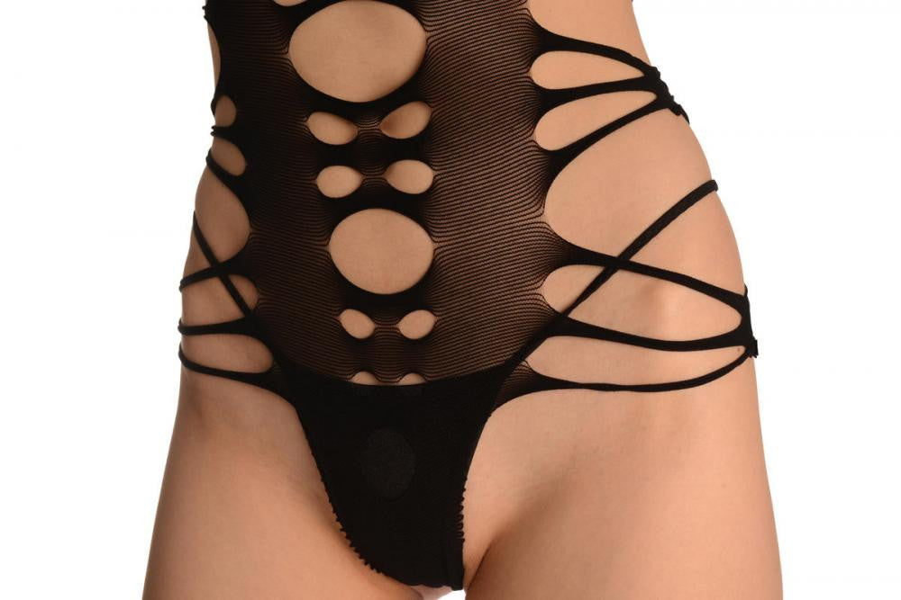 Liss Kiss Black Large Wrapping Stripes Around The Neck Body (Bodystocking) - Bodystocking