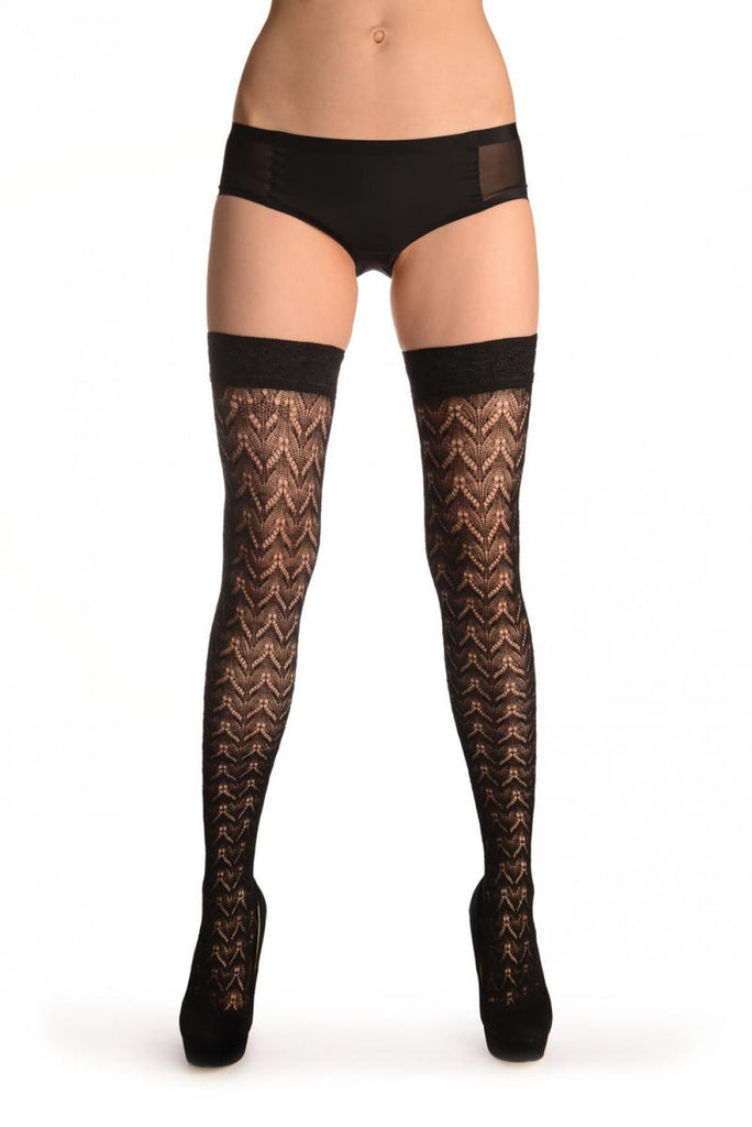 Liss Kiss Black Leafs Crochet Lace With Matching Silicon Top 80 Den - Hold Ups