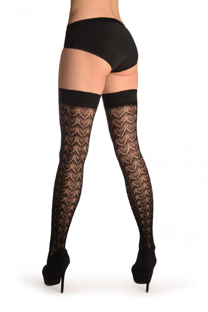 Liss Kiss Black Leafs Crochet Lace With Matching Silicon Top 80 Den - Hold Ups