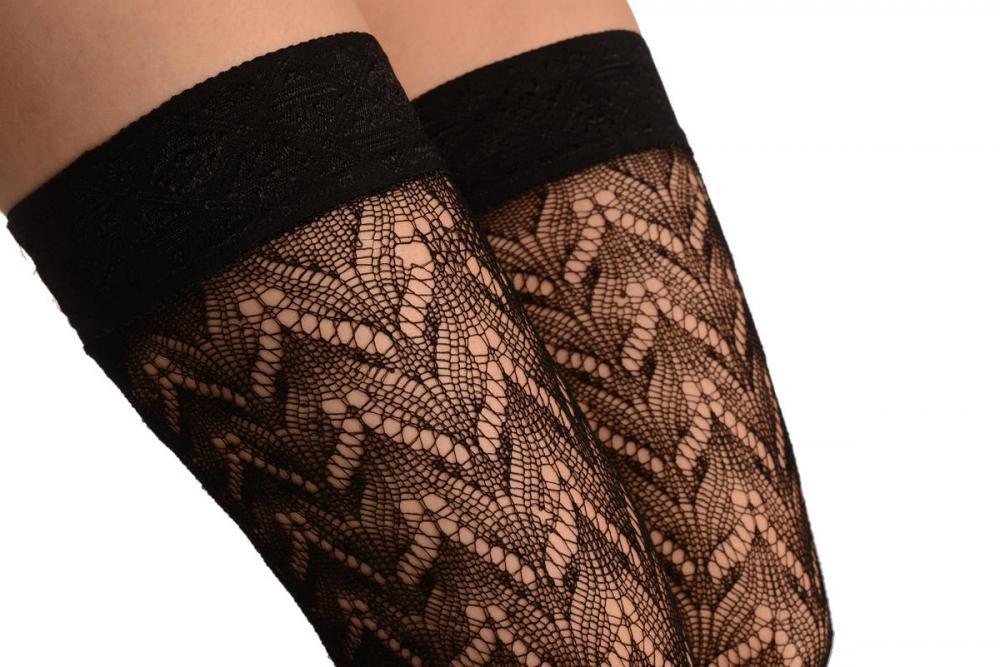 Liss Kiss Black Leafs Crochet Lace With Matching Silicon Top 80 Den - Hold Ups