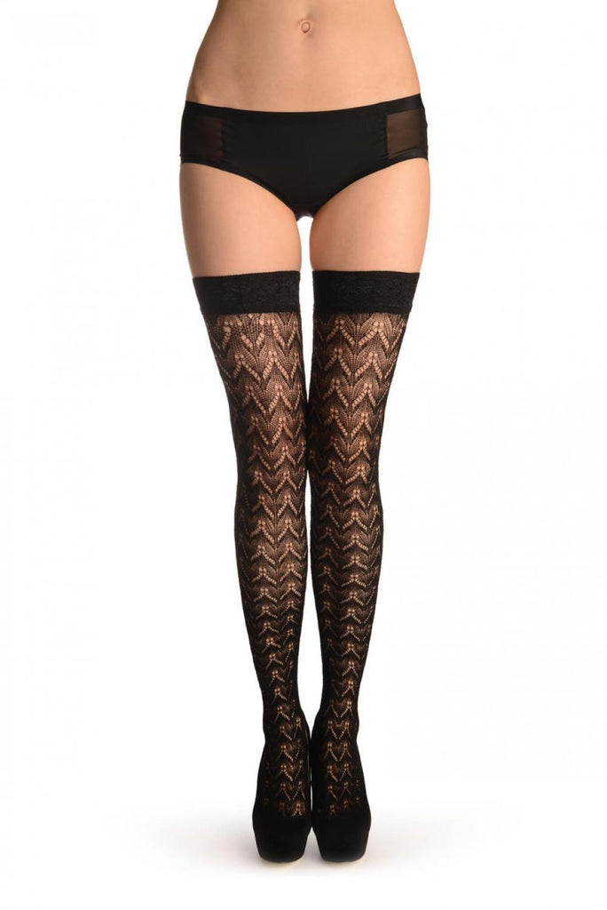 Liss Kiss Black Leafs Crochet Lace With Matching Silicon Top 80 Den - Hold Ups