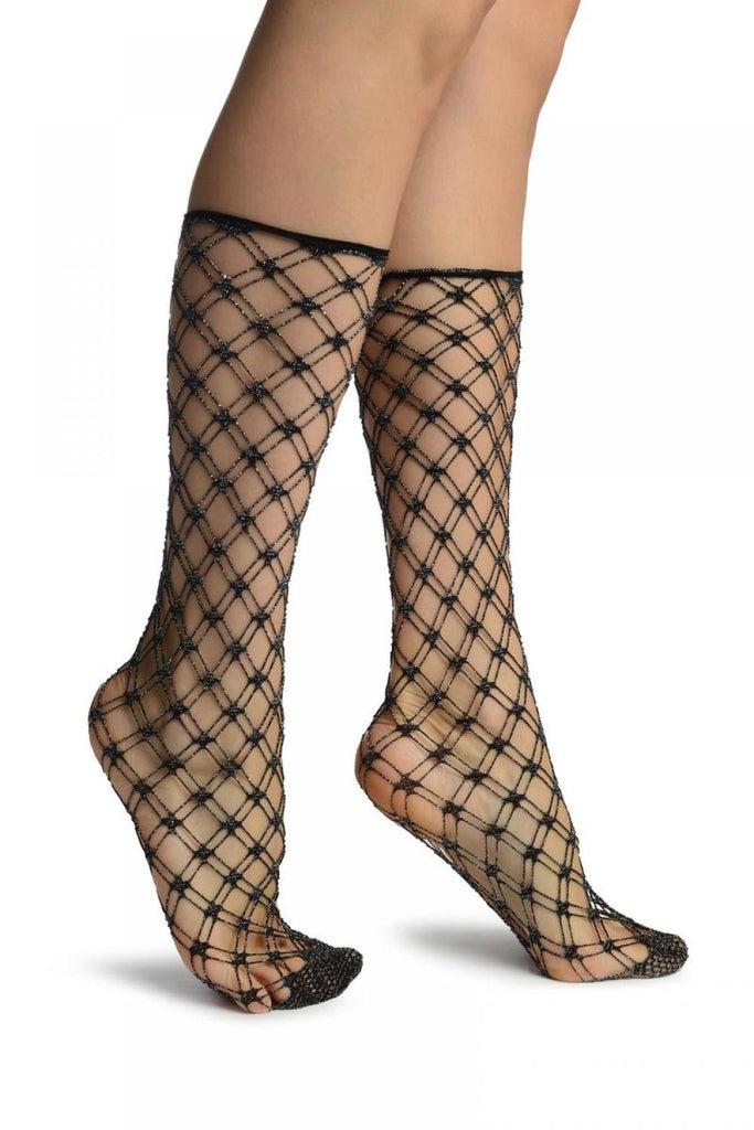 liss kiss Black Medium Double Mesh With Silver Lurex Comfort Top Ankle High Socks - Socks