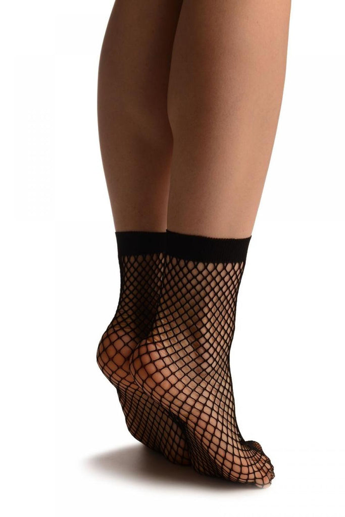 Liss Kiss Black Medium Fishnet With Lace Trim Socks Ankle High - Socks
