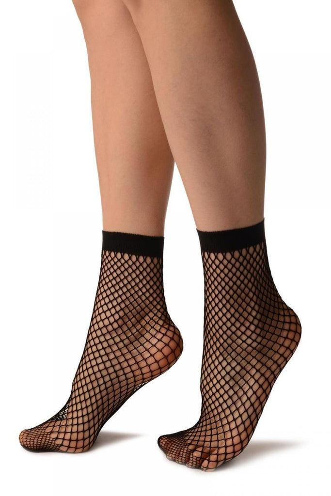 Liss Kiss Black Medium Fishnet With Lace Trim Socks Ankle High - Socks