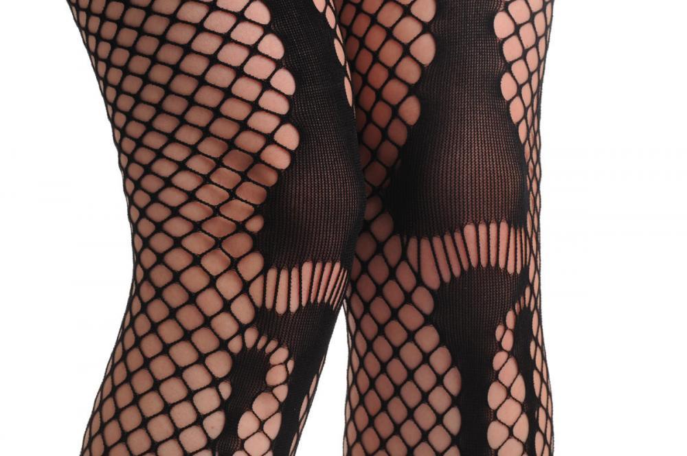 Liss Kiss Black Medium Mesh Fishnets With Halloween Bones - Hold Ups