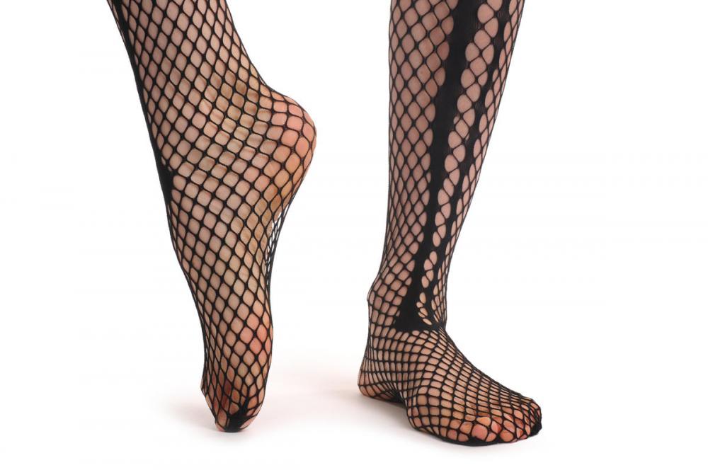 Liss Kiss Black Medium Mesh Fishnets With Halloween Bones - Hold Ups