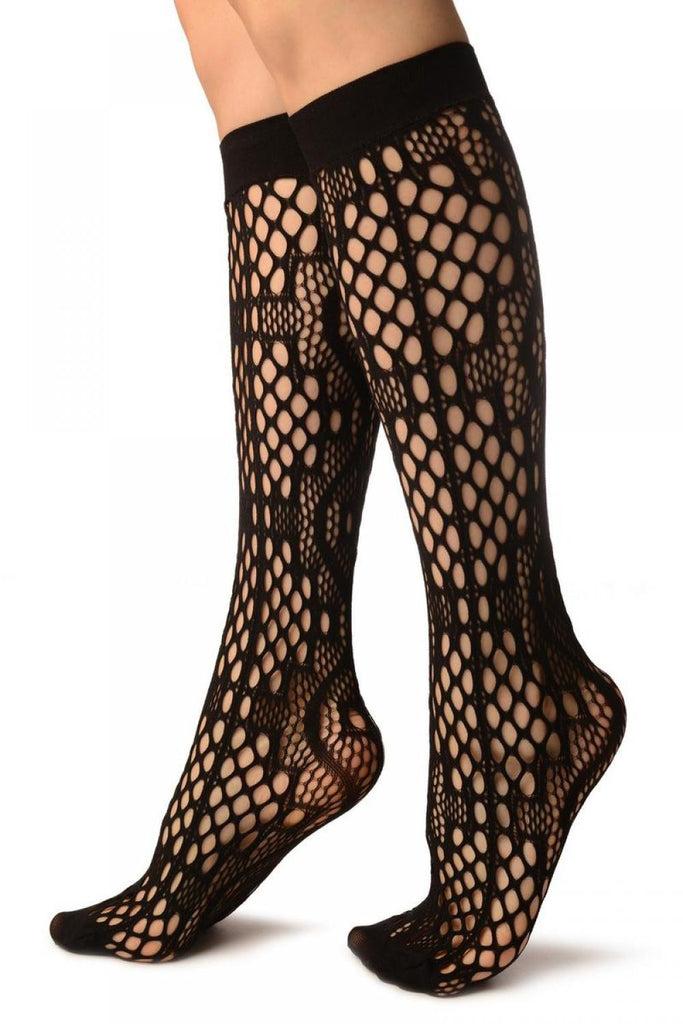 Liss Kiss Black Medium Wavy Mesh Lace Socks Knee High - Socks