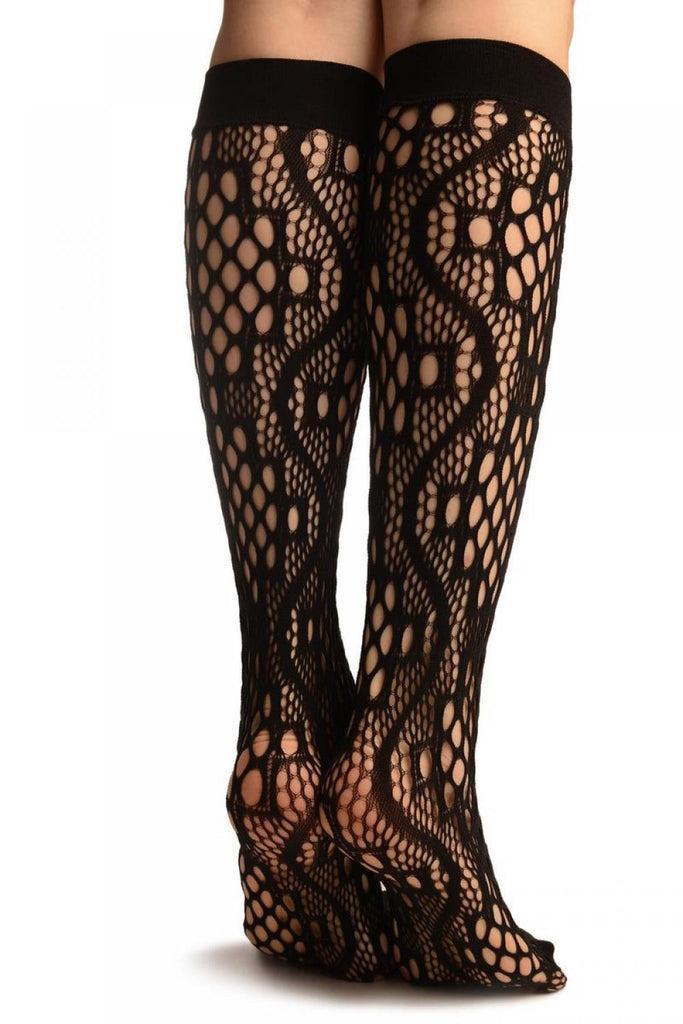 Liss Kiss Black Medium Wavy Mesh Lace Socks Knee High - Socks