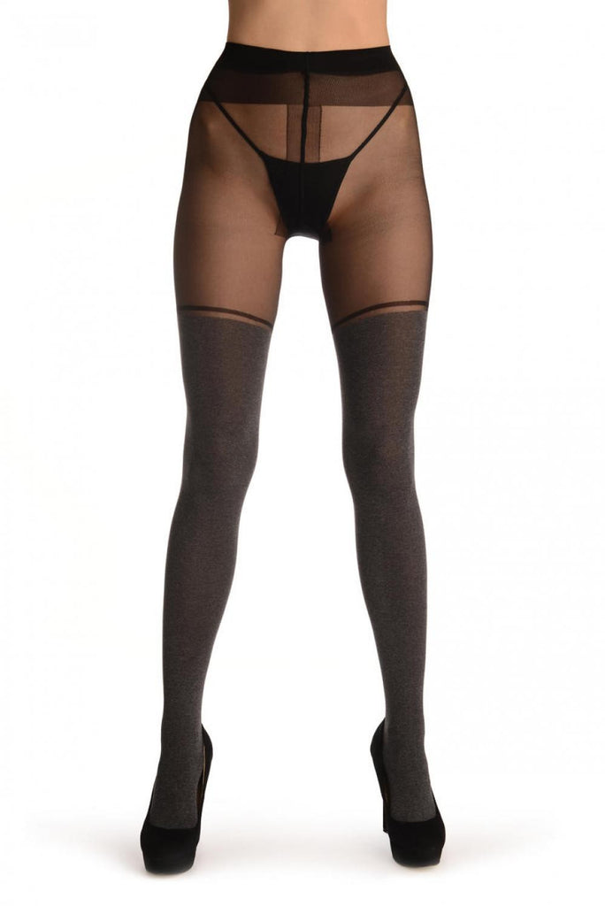 Liss Kiss Black Melange Faux Stockings & Opaque Top Stripe - Tights