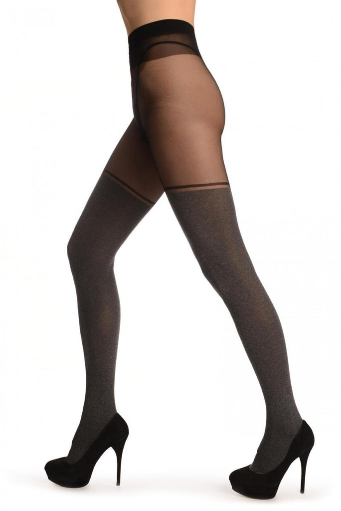 Liss Kiss Black Melange Faux Stockings & Opaque Top Stripe - Tights