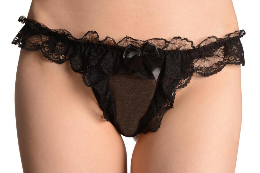 Liss Kiss Black Mesh & Lace With Satin Bow Thong - Knickers
