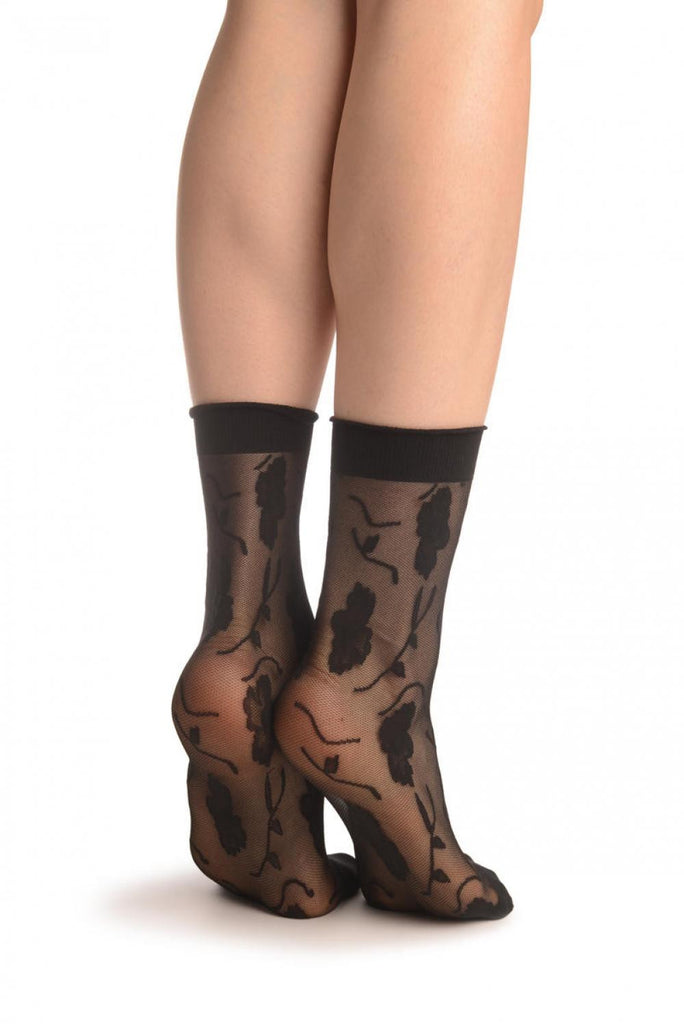 Liss Kiss Black Mesh With Large Flowers Ankle High Socks - Socks