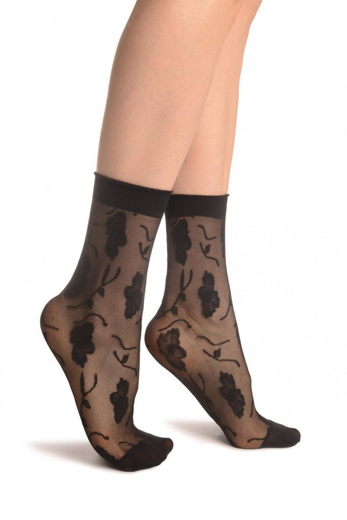 liss kiss Black Mesh With Large Flowers Ankle High Socks - Socks