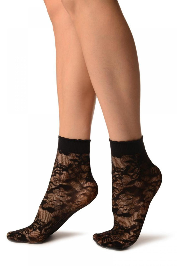 Liss Kiss Black Mesh With Large Roses Ankle High Socks - Socks