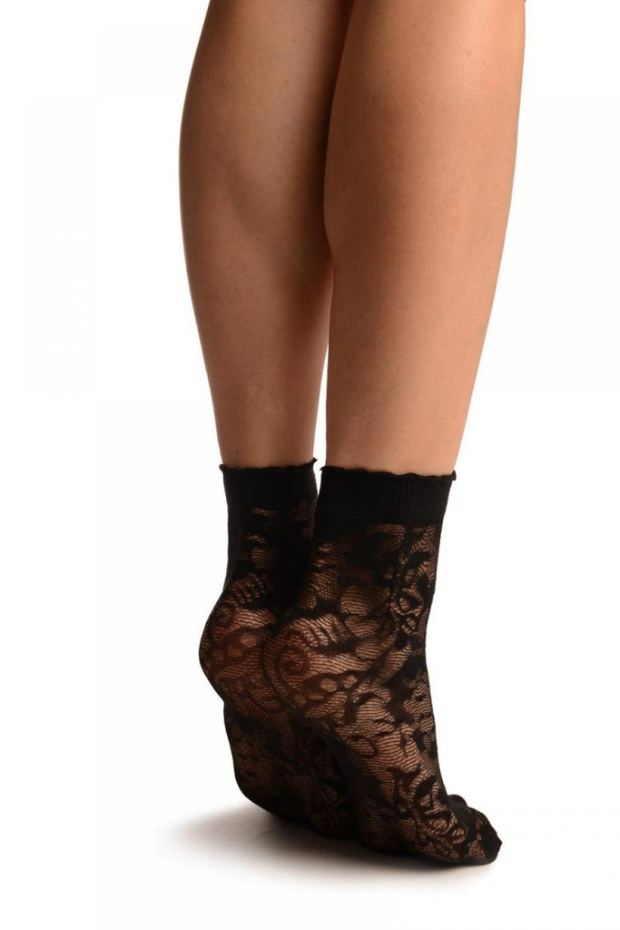 Liss Kiss Black Mesh With Large Roses Ankle High Socks - Socks