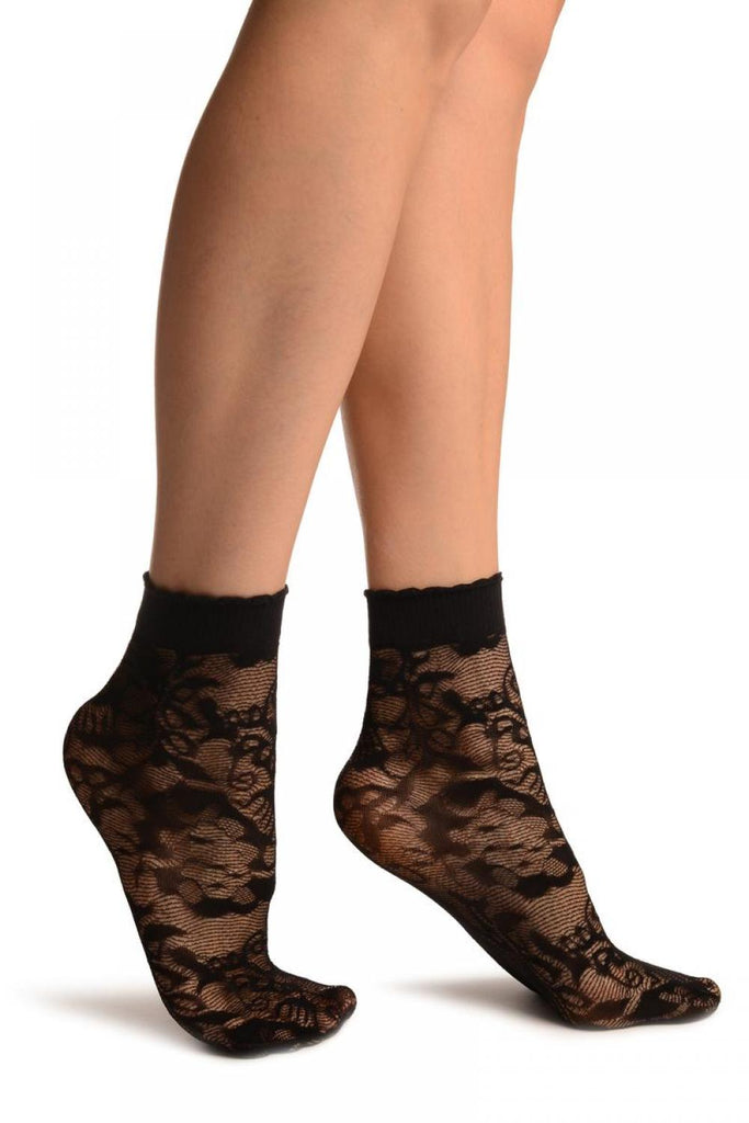 liss kiss Black Mesh With Large Roses Ankle High Socks - Socks