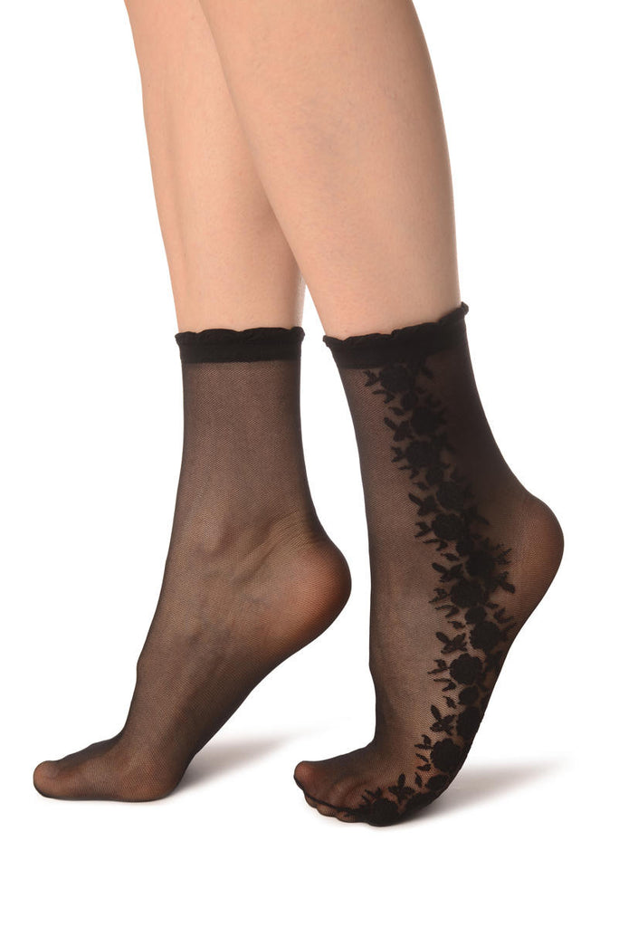 Liss Kiss Black Mesh With Roses On The Side Ankle High Socks - Socks
