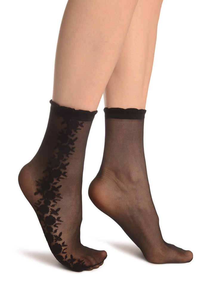 liss kiss Black Mesh With Roses On The Side Ankle High Socks - Socks