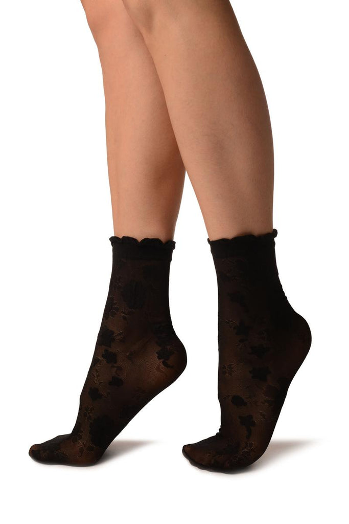 Liss Kiss Black Micro Mesh With Flowers Ankle High Socks With Comfort Top - Socks