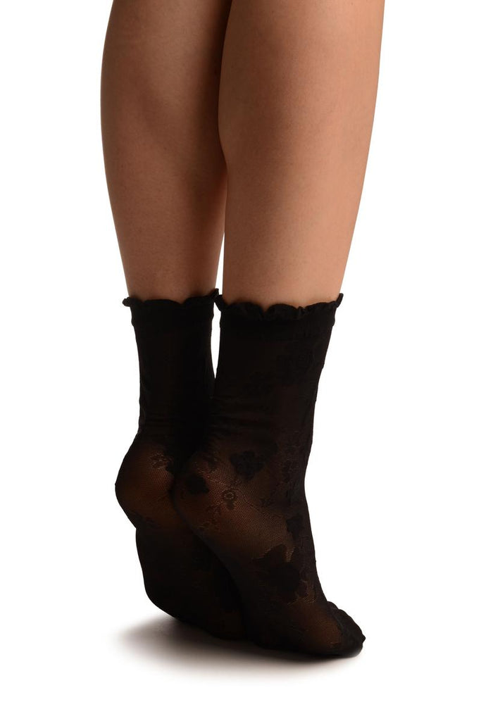 Liss Kiss Black Micro Mesh With Flowers Ankle High Socks With Comfort Top - Socks