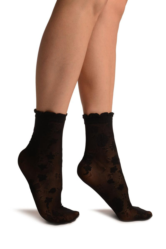liss kiss Black Micro Mesh With Flowers Ankle High Socks With Comfort Top - Socks