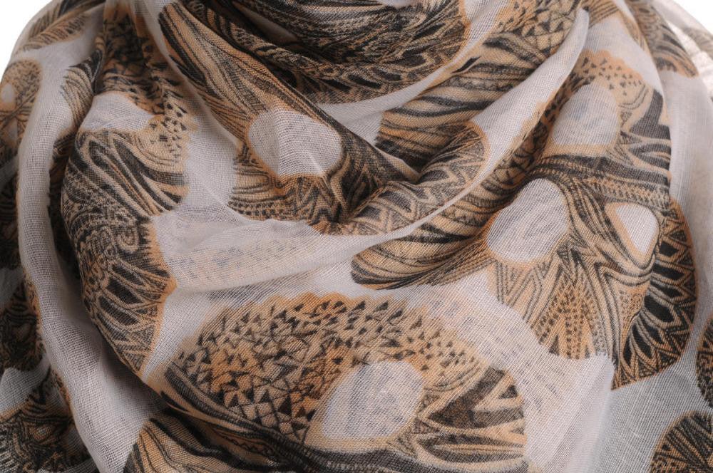 Liss Kiss Black & Mocha Skulls On Sand White With Silver Studded Corner Skulls - Scarf