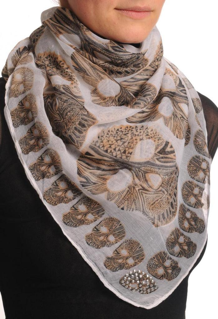 Liss Kiss Black & Mocha Skulls On Sand White With Silver Studded Corner Skulls - Scarf