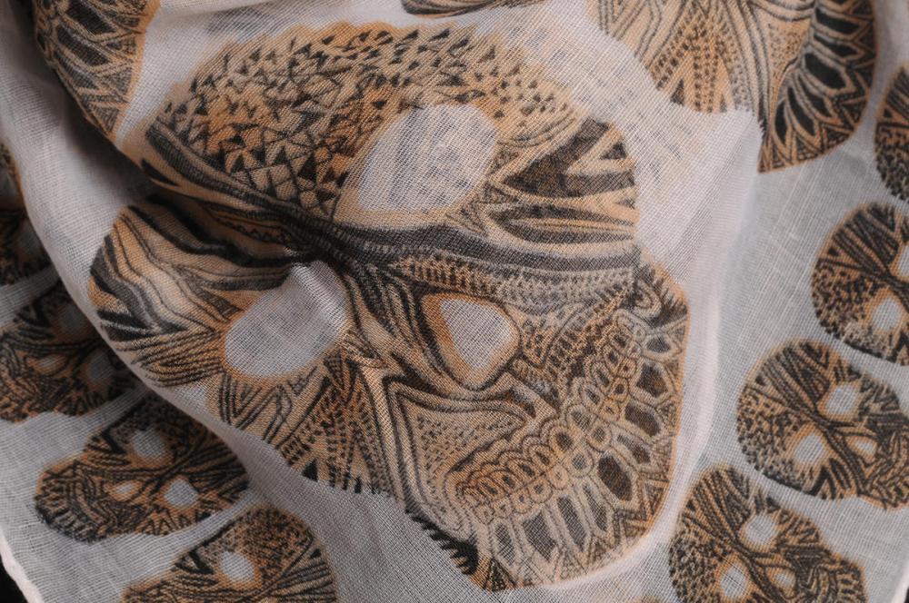 Liss Kiss Black & Mocha Skulls On Sand White With Silver Studded Corner Skulls - Scarf