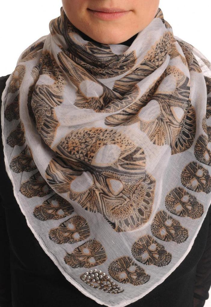 Liss Kiss Black & Mocha Skulls On Sand White With Silver Studded Corner Skulls - Scarf