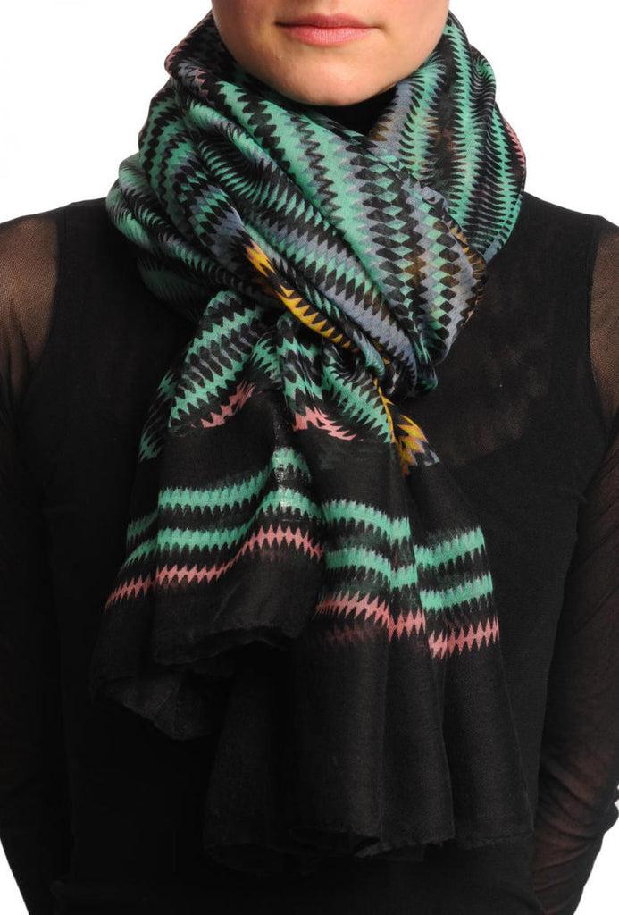 Liss Kiss Black & Multi Coloured Zigzagged Rombs Unisex Scarf & Beach Sarong - Scarf