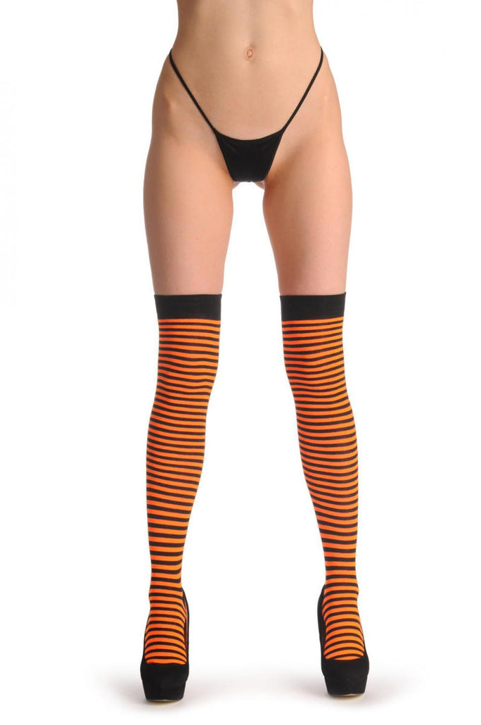 Liss Kiss Black & Neon Orange Thin Stripes - Over The Knee Socks
