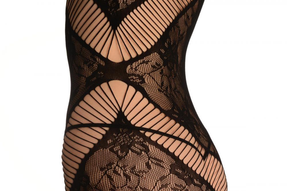 Liss Kiss Black One Shoulder Floral Mesh Mini Dress (Bodystocking) - Bodystocking