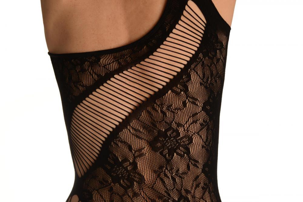 Liss Kiss Black One Shoulder Floral Mesh Mini Dress (Bodystocking) - Bodystocking