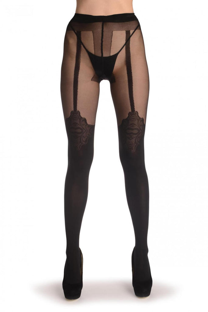 Liss Kiss Black Opaque Faux Lace Top Stocking With Suspenders 40 Den - Tights
