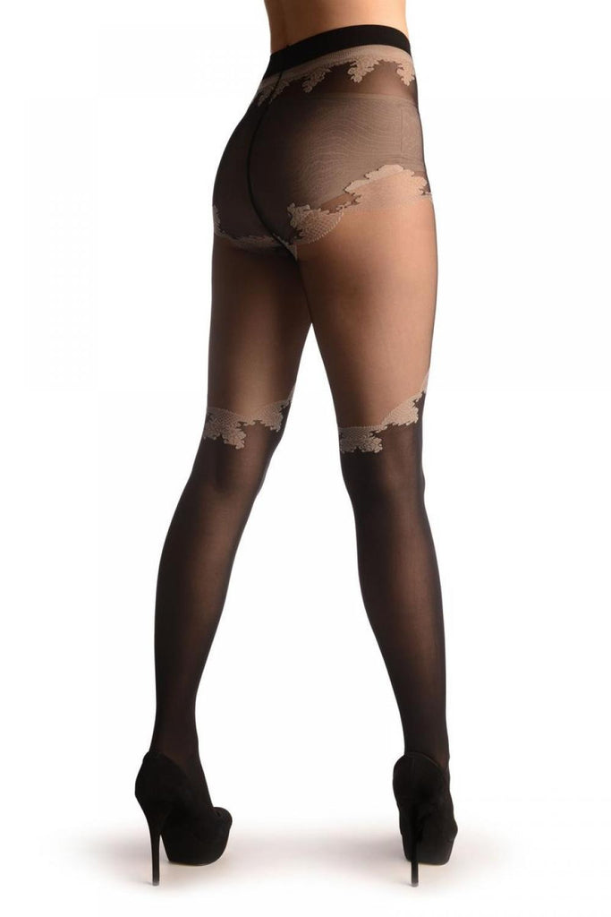 Liss Kiss Black Opaque Faux Stockings & Top With Lace Trim - Tights