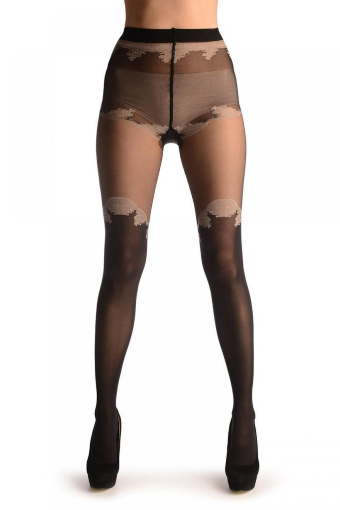 liss kiss Black Opaque Faux Stockings & Top With Lace Trim - Tights