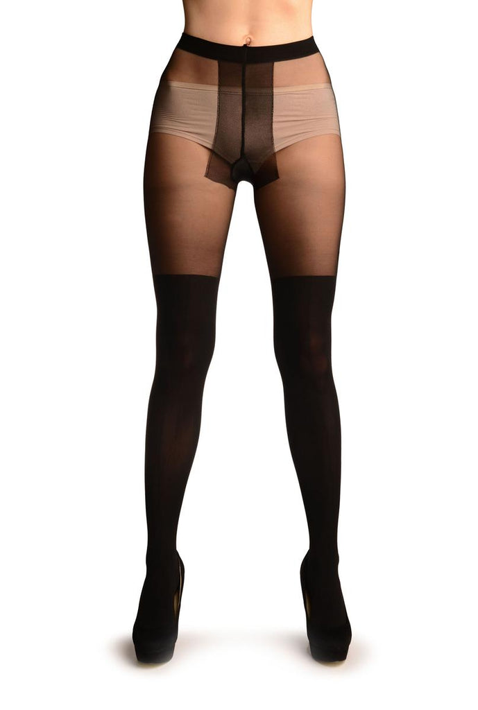 Liss Kiss Black Opaque Faux Stockings With Heart And Sheer Top Tights - Tights
