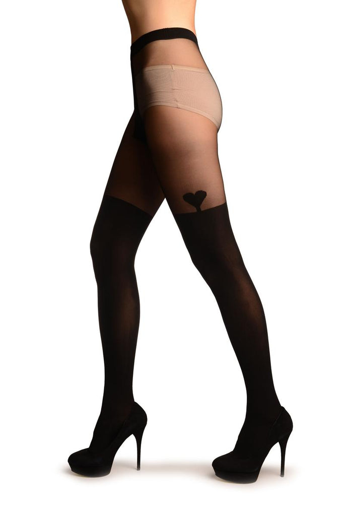 Liss Kiss Black Opaque Faux Stockings With Heart And Sheer Top Tights - Tights