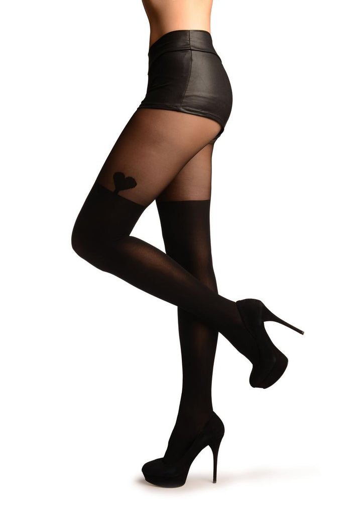 liss kiss Black Opaque Faux Stockings With Heart And Sheer Top Tights - Tights