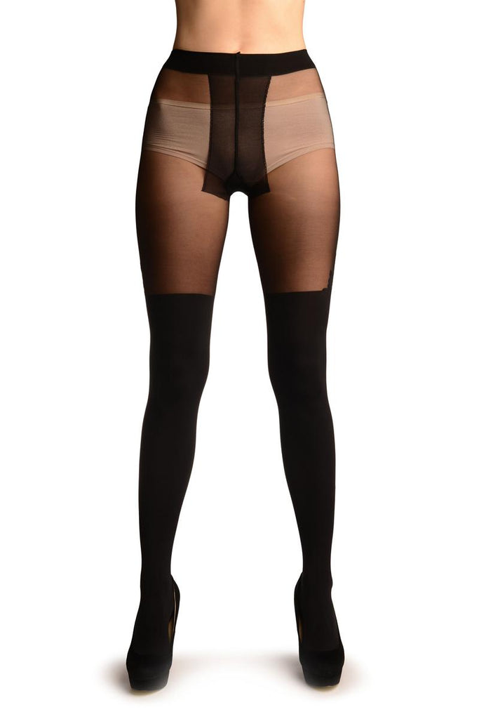 Liss Kiss Black Opaque Faux Stockings With Roses And Sheer Top Tights - Tights