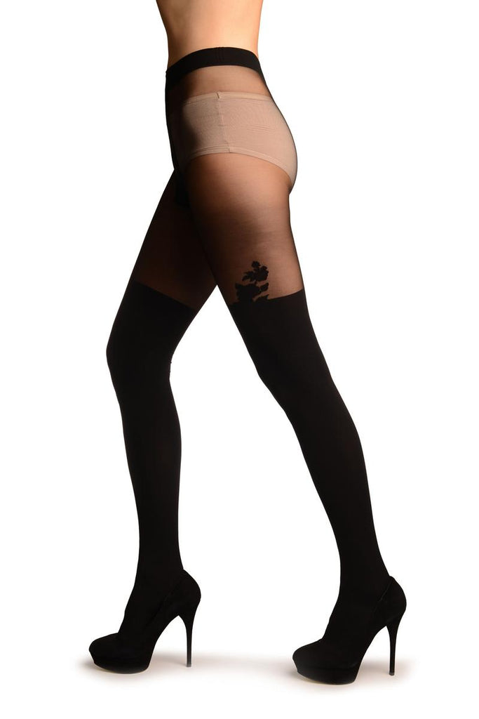 Liss Kiss Black Opaque Faux Stockings With Roses And Sheer Top Tights - Tights