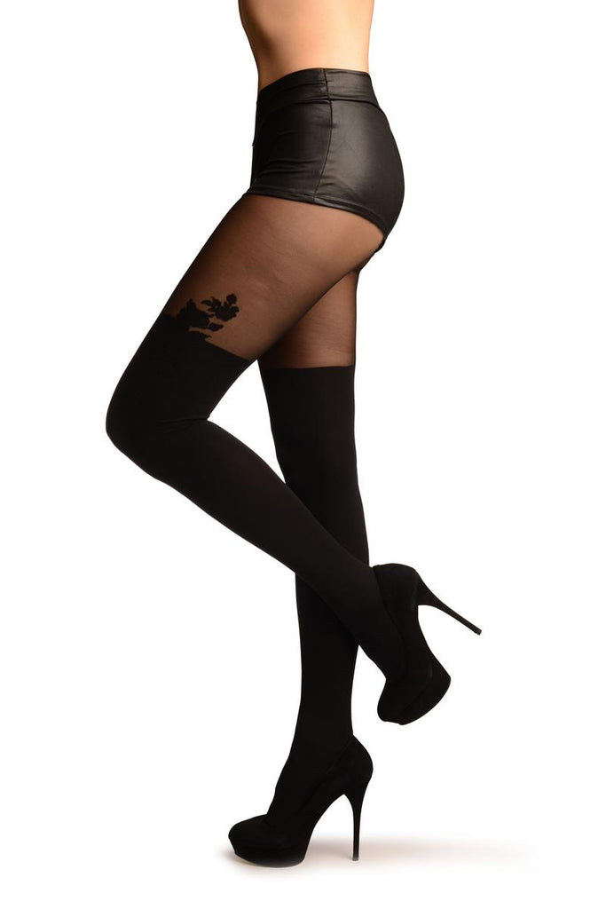 liss kiss Black Opaque Faux Stockings With Roses And Sheer Top Tights - Tights