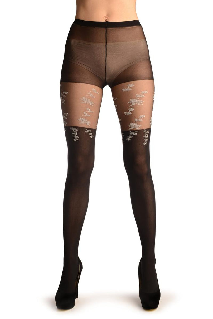 Liss Kiss Black Opaque Faux Stockings With White Flowers - Tights