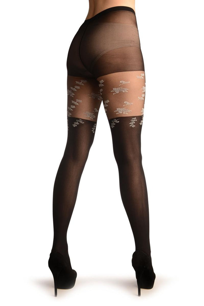 Liss Kiss Black Opaque Faux Stockings With White Flowers - Tights