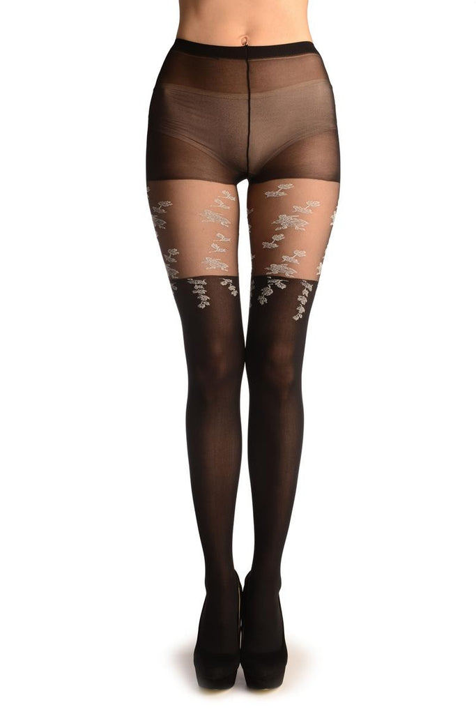 liss kiss Black Opaque Faux Stockings With White Flowers - Tights
