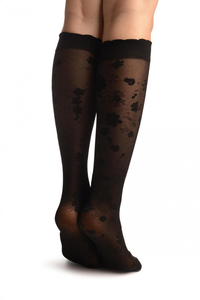 Liss Kiss Black Opaque Flowers On Micro Mesh Knee High Socks - Socks