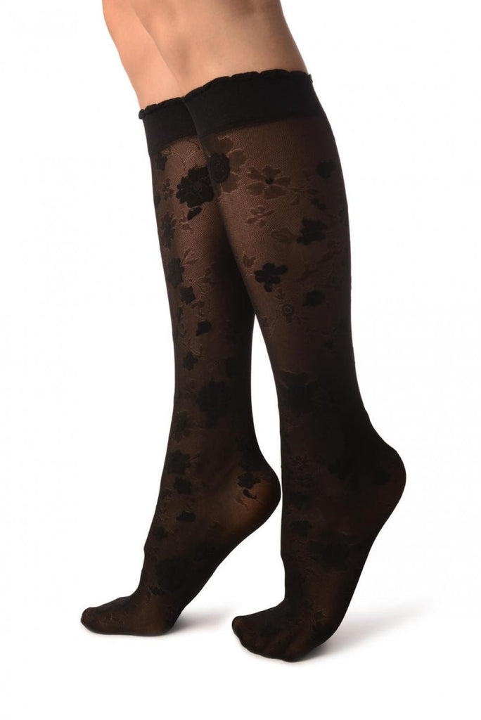 Liss Kiss Black Opaque Flowers On Micro Mesh Knee High Socks - Socks