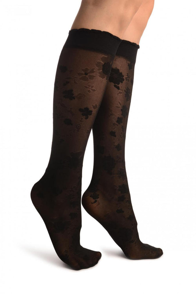 liss kiss Black Opaque Flowers On Micro Mesh Knee High Socks - Socks